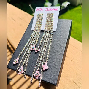 Betsey Johnson Pink Bow Rhinestone Chain Drop Earrings Statement Glam NWT